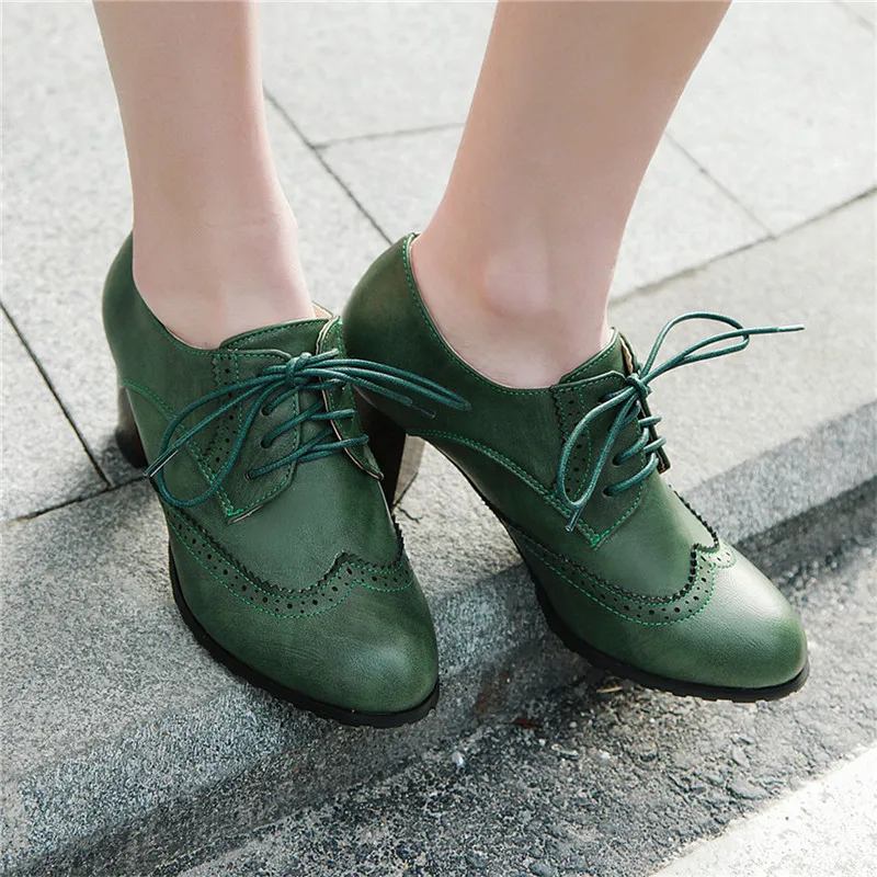 Women Wingtip Brogues Oxford Lace Up Plus Size Patent Block Heels Round Toe Shoe