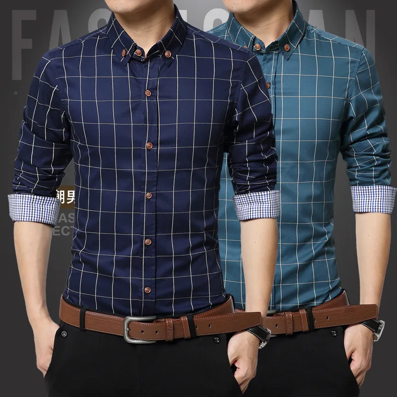 

2021 NEW Men's Plaid Cotton Dress Shirts Male High Quality Long Sleeve Slim Fit Business Casual Shirt Plus Size 5XL Blue Red