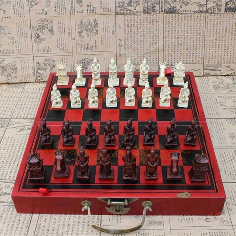 Antique Chess Medium Terracotta Chess Pieces Antique Wooden Folding Chess Board Three-dimensional Character Entertainment