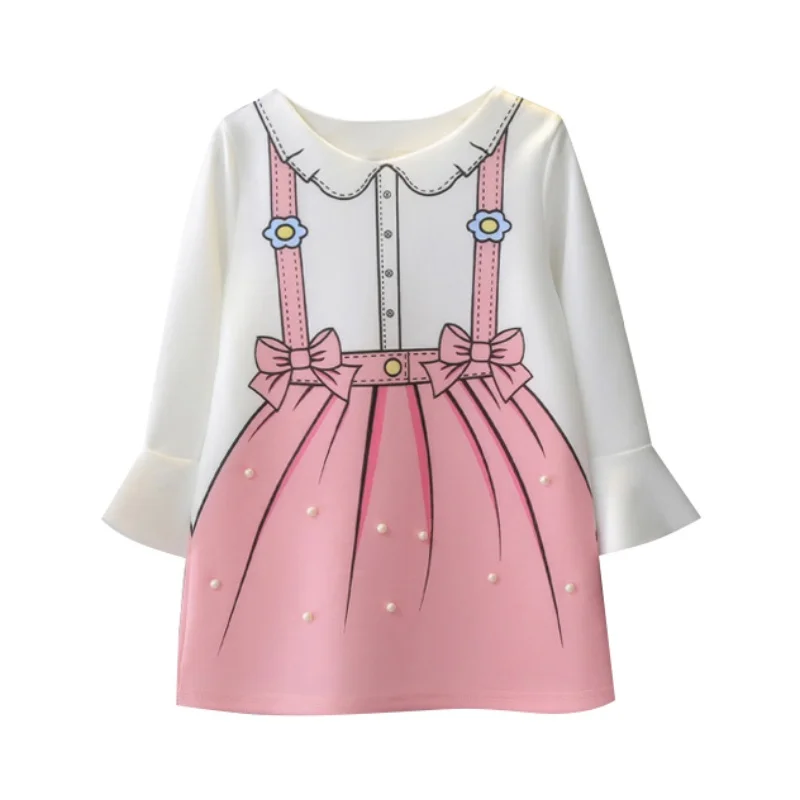 

Children Autumn Girls Cute Cartoon Print Round Collar Temperament Long Sleeve Sweet Princess Dress