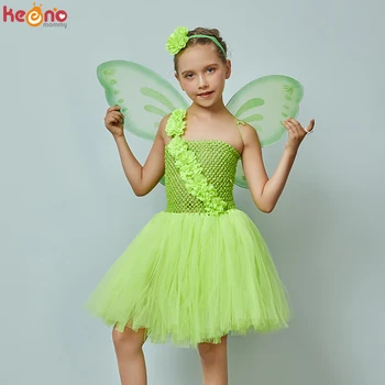 

Green Flower Tinkerbell Costume Kids Tinkerbell Halloween Fancy Tutu Dress with Wing Fairy Girls Birthday Party Cosplay Costume