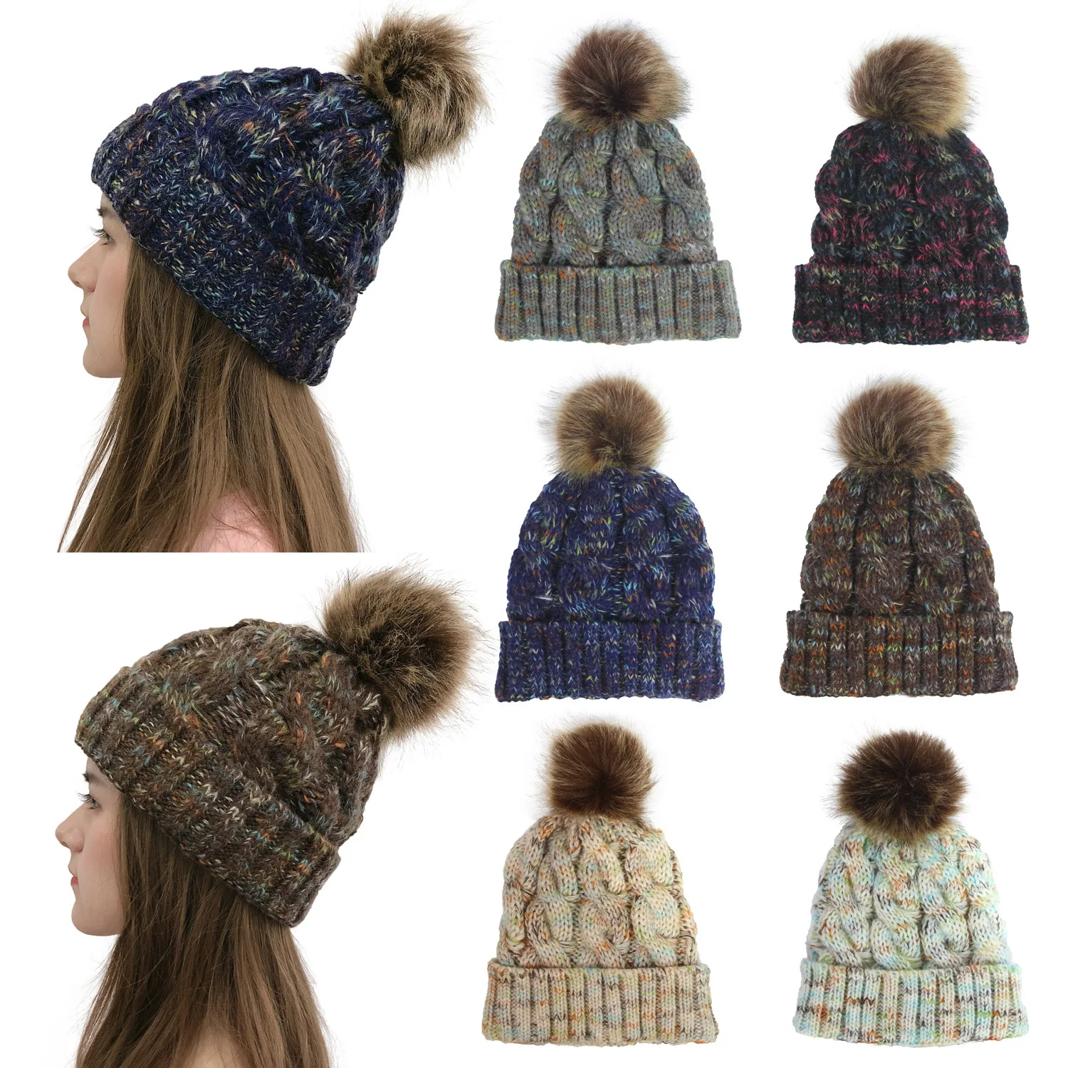 

2019 Explosion Models Hair Ball Color Reverse Side Twist Knitting Cap Ponytail Wool Cap Dual-use Hat Woman Girl