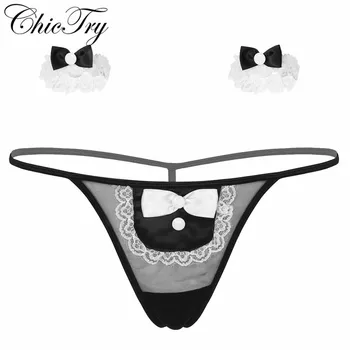 

Womens Maid Waitress Costume Tuxedo Lingerie Set T-back G-String Thong Briefs Underwear with Bracelets for Roleplay Nightclub
