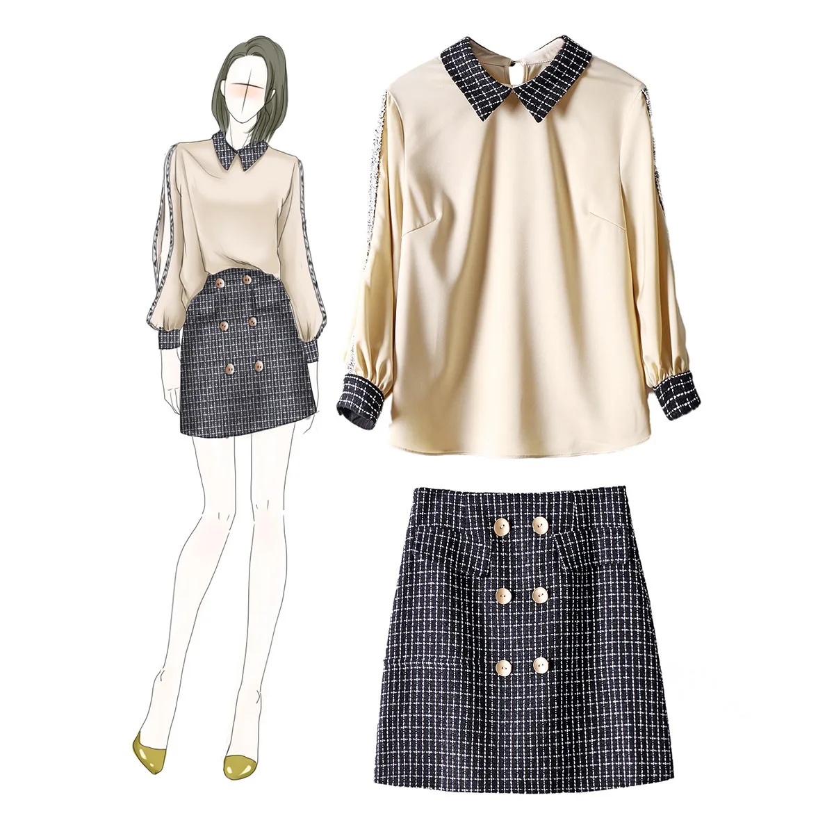 

Large Size High Quality Women Casual Two Piece Set Contrast Turn-down Collar Blouse and Mini Skirt with Button Ladies 2 Piece