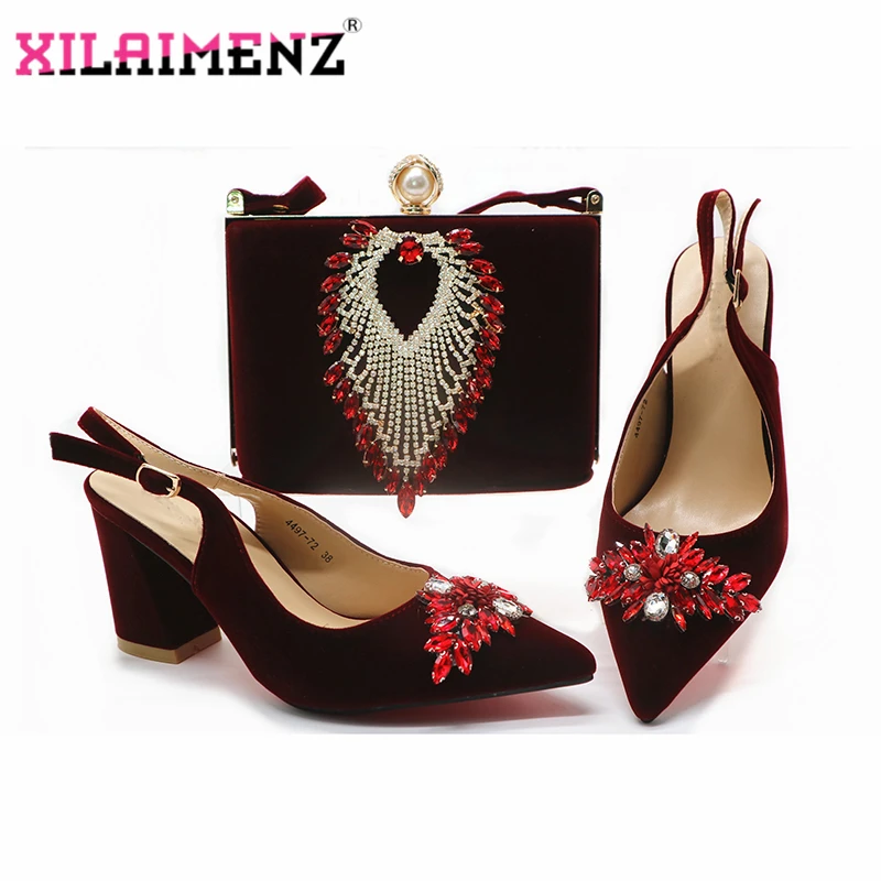 

2019 New Design Wine Color Fashion Rhinestone Woman Shoes And Matching Bag Set African Style Pumps for Party