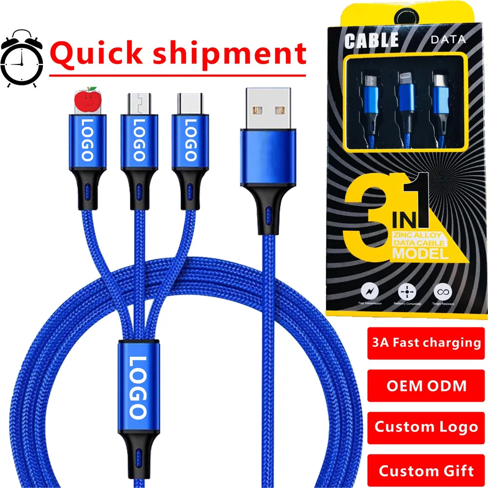 Cabo do Carregador 3in1 para o Iphone Usb tipo c para Huawei Cabo de Fio de 1.2m de Comprimento Logotipo Personalizado 8 Plus x xr xs Max Micro Android 3in1 5 6 7