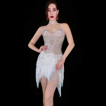 

Fashion Sexy Women's Crystal Tassel Spaghetti Strap Mini Dress Female Party Prom Dancing Clothes Luxury Latin Dancer Stage Dress