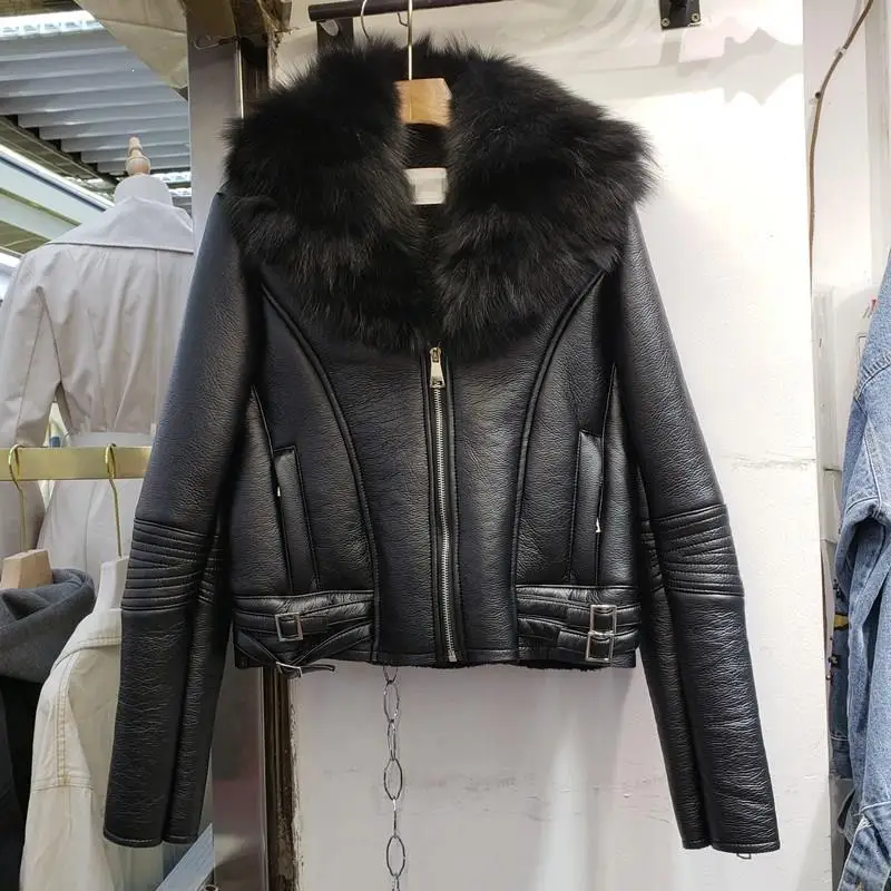 Женская кожаная куртка с воротником из лисьего меха, пальто из искусственного меха ягненка с отложным воротником, верхняя одежда из искусственной кожи, короткое пальто