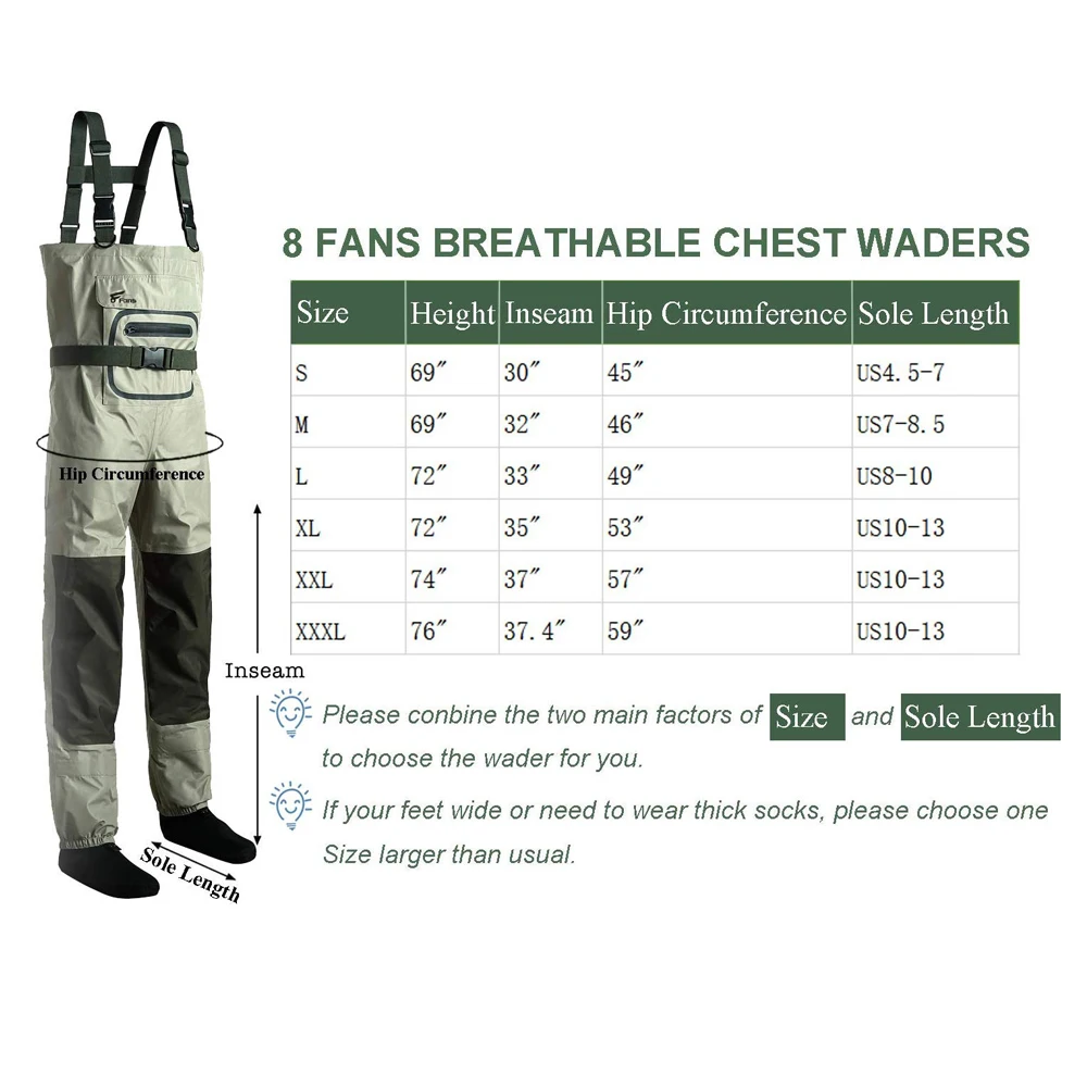 8 Fans Men&rsquo;s Fishing Chest Waders 3-Ply Durable Breathable and Waterproof with Neoprene StockingFoot Insulated Fishing Chest Wader