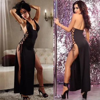 

2020 summer new Women's Sexy Temptation Uniform Black Hollow Sleepwear Charming Sideband Straps Long Nightdress Erotic Lingerie