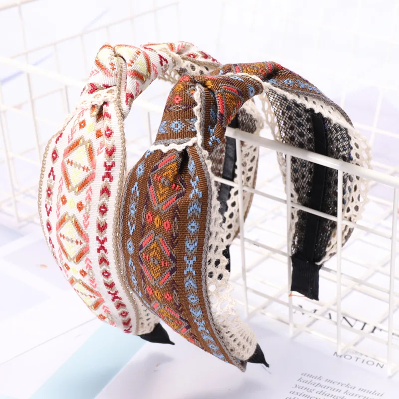 South Korea Dongdaemun Import Celebrity Style High Quality National Wind Embroidered Fabric Hipster Hair Bands Knot Pressure Hea