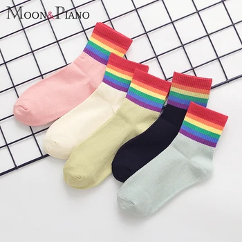 

Fashion Trend Socks Women's Spring and Summer New College Students Style Ladies Rainbow Striped Tube Funny Lovely Socks Female