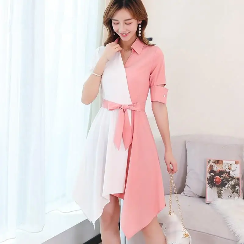 Летнее женское платье-рубашка 2 цветов в стиле пэчворк Повседневное платье миди с коротким рукавом 2Xl с поясом размера плюс Vestidos