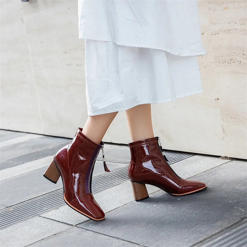 FEDONAS Concise High Heels Cow patent leather Chelsea Boots Winter Women Zipper Ankle Boots Big Size Night Club Shoes Woman