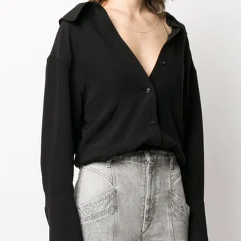 

DEAT 2020 New Summer Fashion Casual Long Sleeve Turn-down Collar Solid Embroidery Patchwork Shirt Top Women SB342