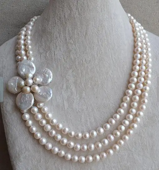 

Unique Pearls jewellery Store Wedding Flower Pearl Necklace 3 rows 8mm Real Freshwater Pearl Necklace Magnet Clasp Fine Jewelry
