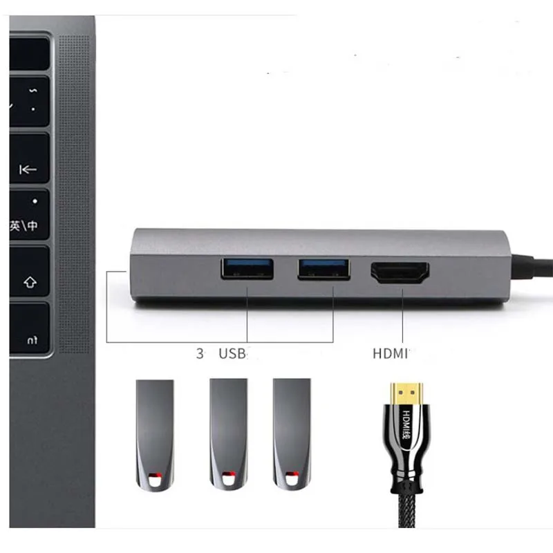4 в 1 многофункциональная USB 3,0 концентратор Тип C до 4K HDMI адаптер для Macbook Коврики книга samsung S8/S9 Note 9 huawei Коврики 10 P10/20 Вт, 30 Вт, USB C концентратор USB