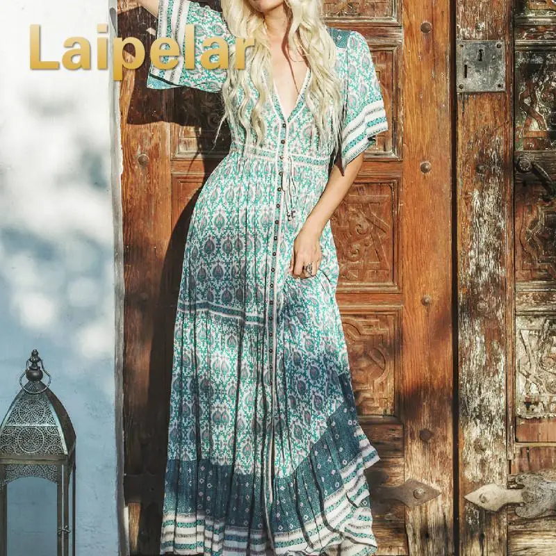 

Laipelar Retro Printed Bohemia Long Dresses 2020 Summer Women Boho Maxi Dress Ladies Flared Party Beach Dress Robe de soiree