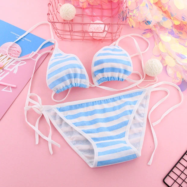 OJBK, сексуальное женское белье, Лолита, Kawaii, синий, розовый, белый, в полоску, мини бикини, для взрослых, косплей, эротические костюмы, бюстгальтер, женское нижнее белье, набор - Цвет: Blue Stripe