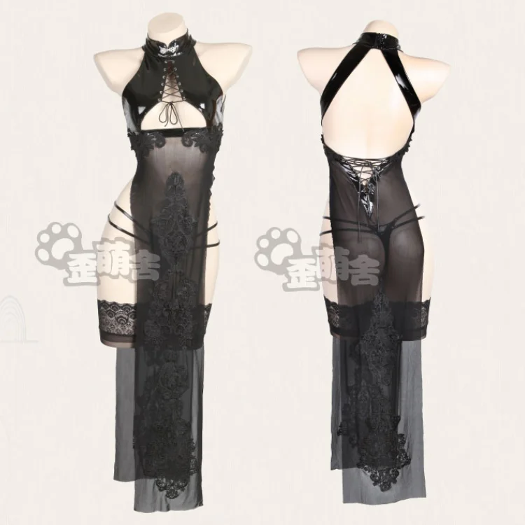 Qipao Платье Аниме сетчатый костюм Чонсам для косплея девочек Лакированная кожа