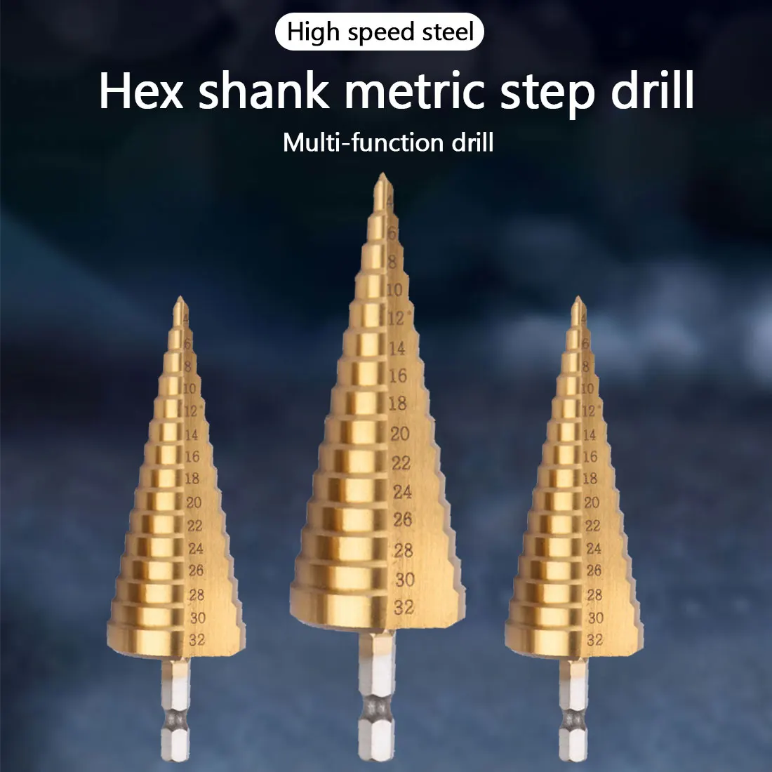 

3pc 4-12 / 20 / 32mm Hss step drill bit set cone hole cutter Taper metric 1/4 "titanium coated metal hex core drill bits