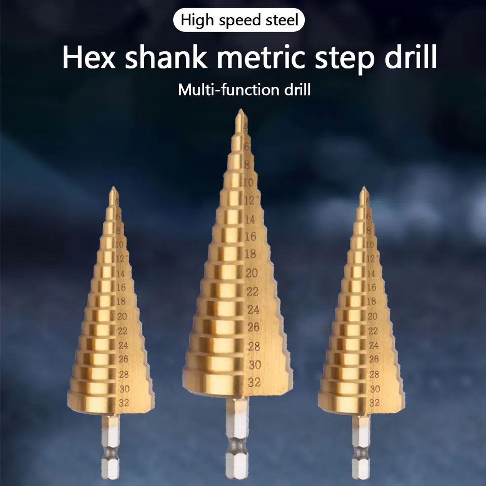 3pc 4 12 / 20 / 32mm Hss step drill bit set cone hole cutter Taper metric 1/ 4 "titanium coated metal hex core drill bits|Drill Bits| - AliExpress