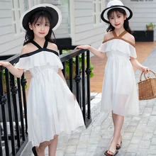 Дети Девочка платье принцессы для девочек От 3 до 13 лет шифоновое платье с открытыми плечами, короткий рукав платья с оборками популярная милая детская повседневная одежда