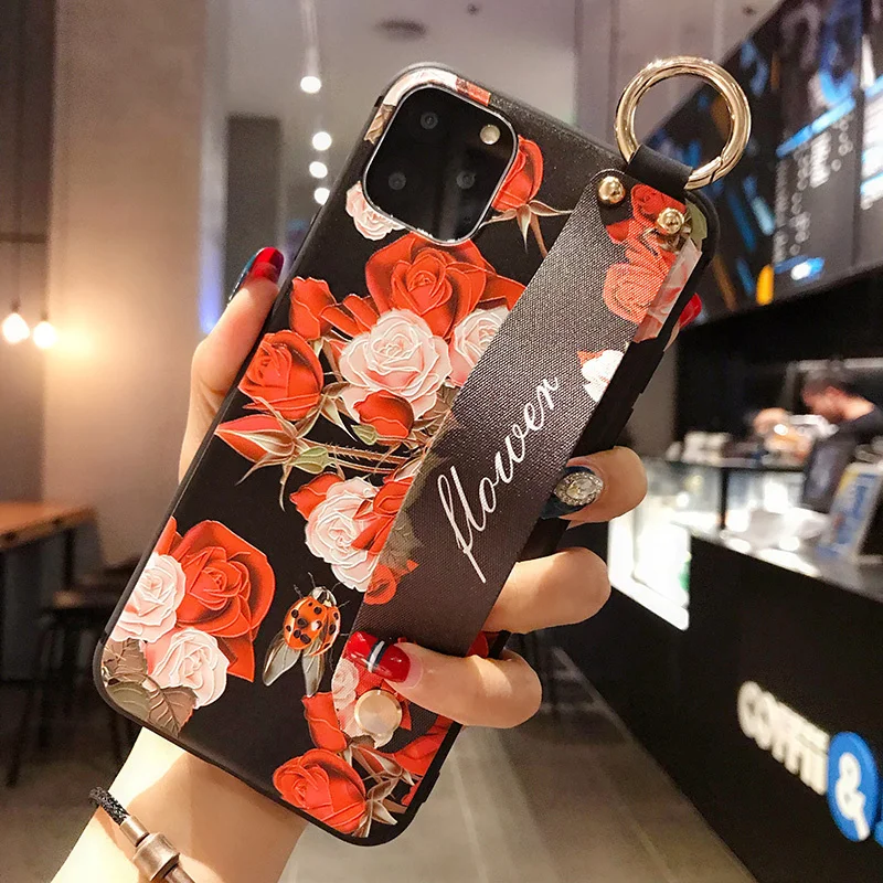 Style 19 Чехлы для телефонов с розами и ремешком на запястье для iphone 11 pro MAX X XR XS MAX 7 8 6 6s Plus, чехлы с ремешком на руку, мягкие ТПУ рельефные чехлы - Цвет: Style 19