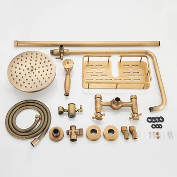 Rozin Brass Antique Bathroom Shower Faucet Set Wall Mount Dual Handle with Handshower + Shelf Brass Bathroom Shower Mixer Tap 6
