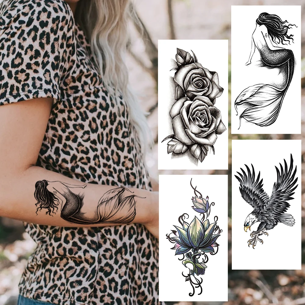 Black Mermaid Temporary Tattoos Sticker For Women Mem Unique Lotus Flowers Eagle Fake To Arm Rose Creative Tatoos Paper | Красота и