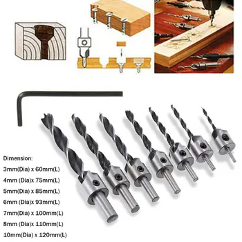 

7pcs Drill Bits Three-pointed Woodwork Countersink Chamfer Positioner Reaming HSS 3 -10mm Drill Bit W/ Hexagonal Wrench