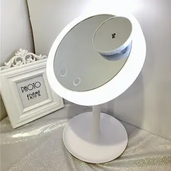 

LED Folding Round Makeup Mirrors Desktop AA Batteries 5X Magnification Desktop One Sided Makeup Mirror with Fan 35x20x3cm