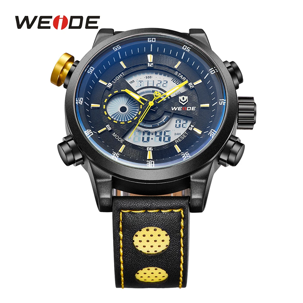 WEIDE мужские модные кварцевые цифровые цифры Автоматическая Дата Будильник хронограф несколько часовых поясов кожаный ремешок наручные часы