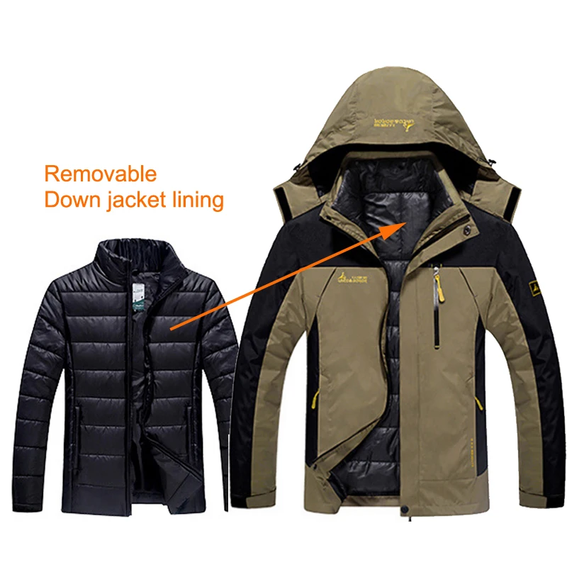 TRVLWEGO Oversized Men Winter Waterproof Fish Trekking Skiing Jackets Hiking Camp Climb Warm Down Jackets 3 in 1 Outdoor 6XL