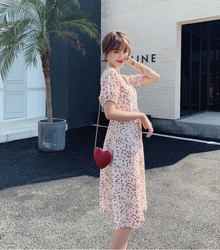 

Women Dress V-neck Drawstring Puff Sleeve Short-sleeved Dress for Women