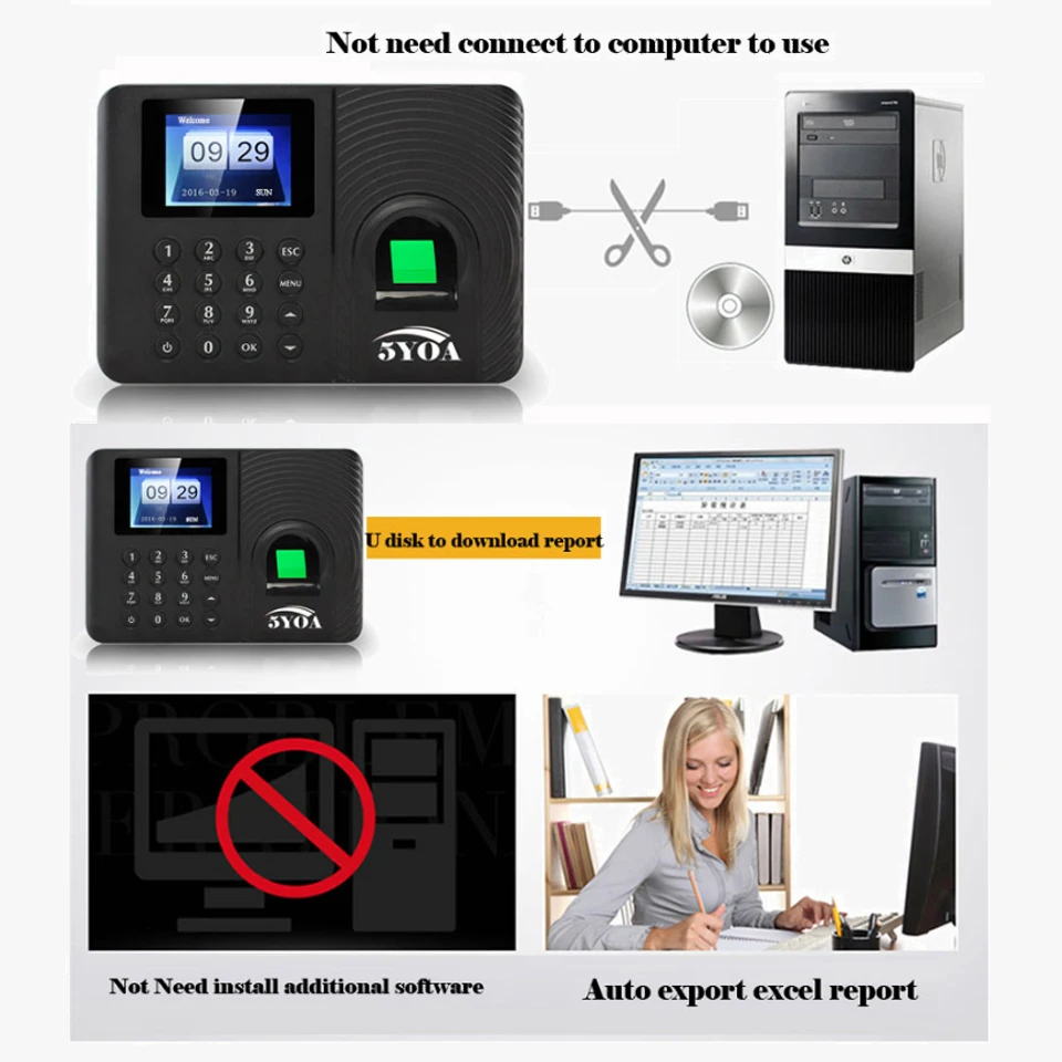 5YOA A10FY biometric attendance system fingerprint usb time clock English Spanish Portuguese recorder sensor machine reader fingerprint scanner