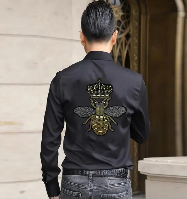 

Rhinestones Shirts Men long Sleeve slim fit designer Fashion Mens Shirt Streetwear Casual Blouse