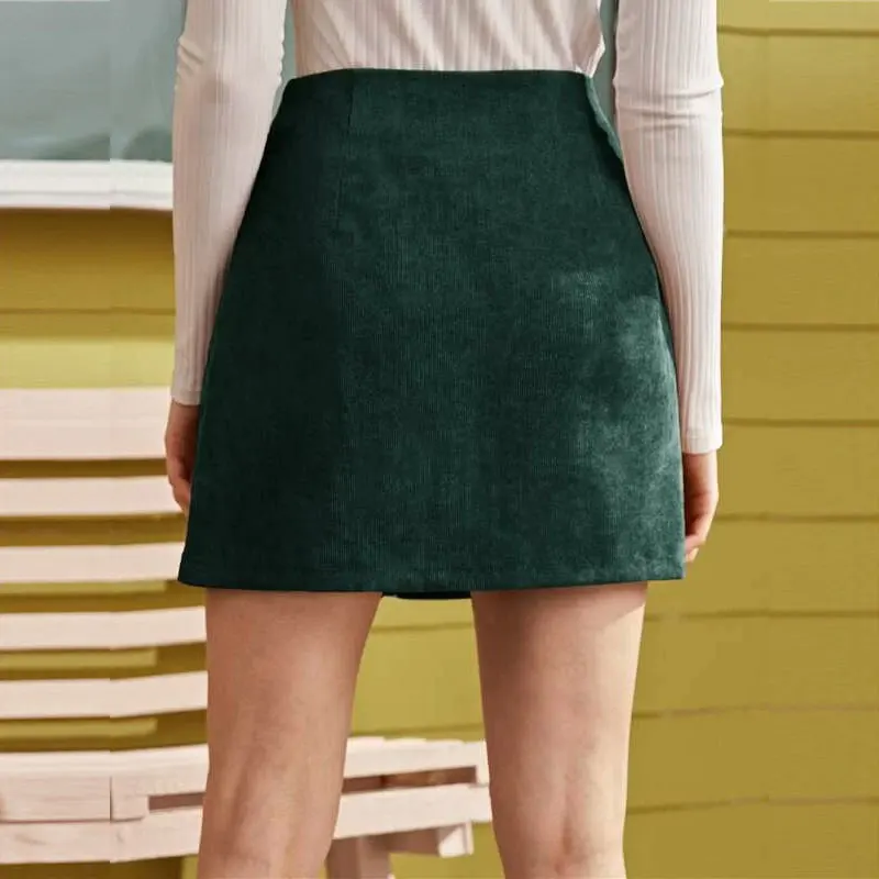 ROMWE мини вельветовые ретро юбки трапециевидной формы на молнии, Женская винтажная мини-юбка с высокой талией, Женская однотонная осенне-зимняя юбка