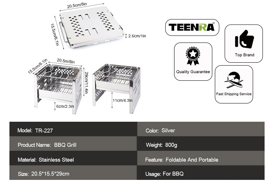 Teenra aço inoxidável churrasqueira dobrável fogão de