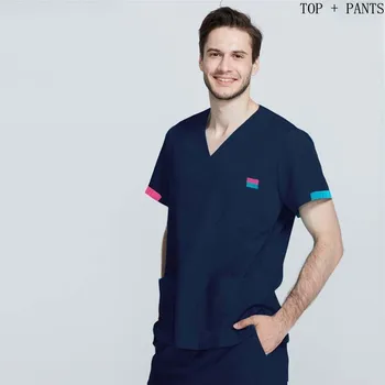 

Men Medical Uniforms Pure Cotton Short Sleeve Top + Pants Doctor Nurse Clothing Classic V-neck Scrub Set Color Blocking Design