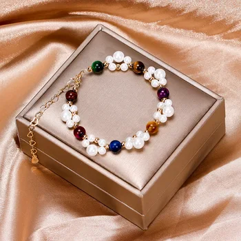 

Badou Nails Natural Crystal Colorful Tiger Eye Pearl Bracelets Women's Lucky Beads Simple Elegant for a Girlfriend to Give Mom G