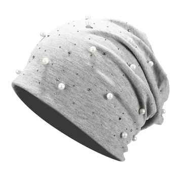 

Women Cotton Blend Warm Casual Decoration Wrap Autumn Elastic Fashion Free Size Beanie Hat Rhinestones Elegant Shine Pearls
