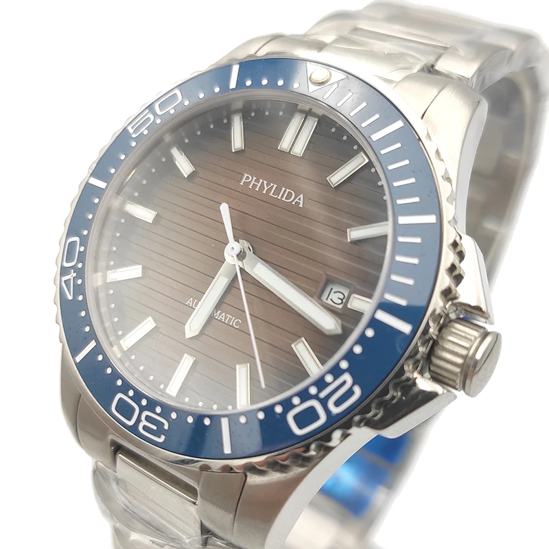 

40mm Men's Watch Brown Dial With Date Automatic Movement Sport Wristwatch Sapphire Crystal Blue Ceramic Bezel Insert Luminous