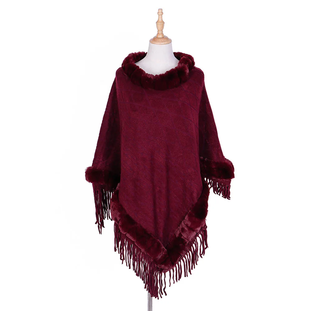 Wine Red FS зимние накидки Платки для женщин меховой воротник пашмины шарф свитер с кисточкой средства ухода за кожей шеи теплый пуловер пончо - Цвет: Wine Red