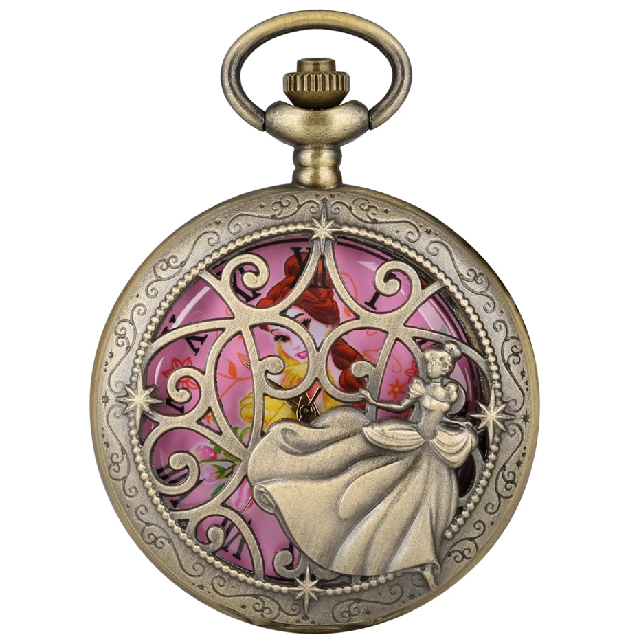 Fairy Dancing Lovely Princess Quartz Pocket Watch Exquisite Necklace Bronze Necklace Watch for Girl Women with Angel Accessory