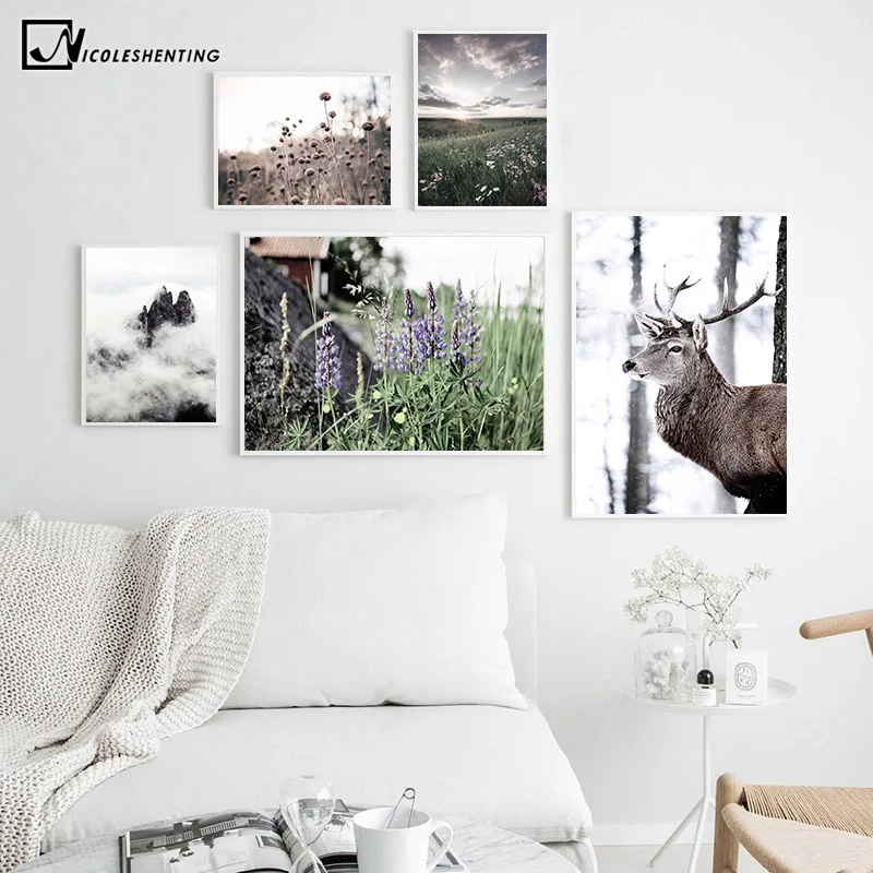 

Deer Flower Grass Sunset Landscape Picture Nature Scenery Scandinavian Poster Nordic Style Print Wall Art Canvas Painting