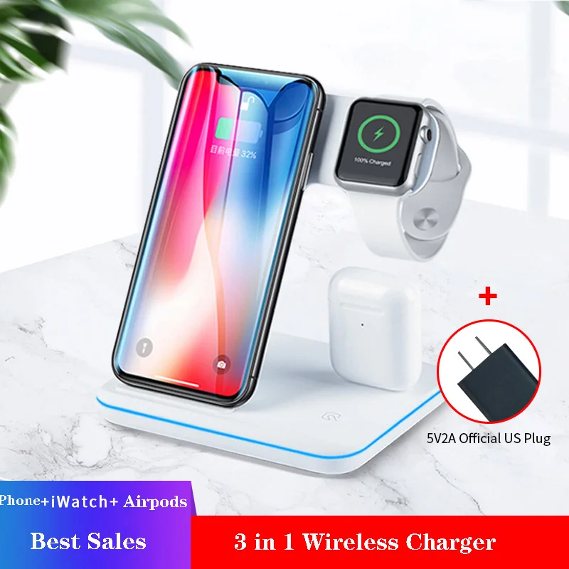 Беспроводное зарядное устройство для iPhone 11 11 PRO MAX samsung S10 быстрая Беспроводная 3 в 1 Зарядная площадка для huawei Xiaomi 9 Airpods iWatch 4 3 2 - Тип штекера: 3 IN 1 US plug