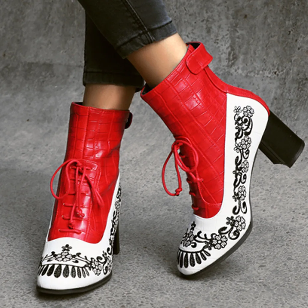 

Ethnic style Women's leather boots Fashion Embroidered ankle boots for women Side Zipper Embroidery Flowers Lace-Up shoes woman