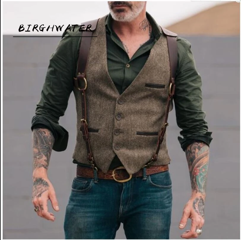 Мужской костюмный жилет из твида приталенный хлопковый мужской костюм для