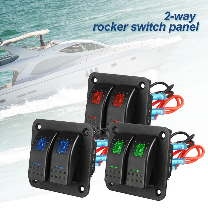 2-Gang LED Rocker Switch Panel Circuit Breaker Dual USB Charger Car Marine Boat 